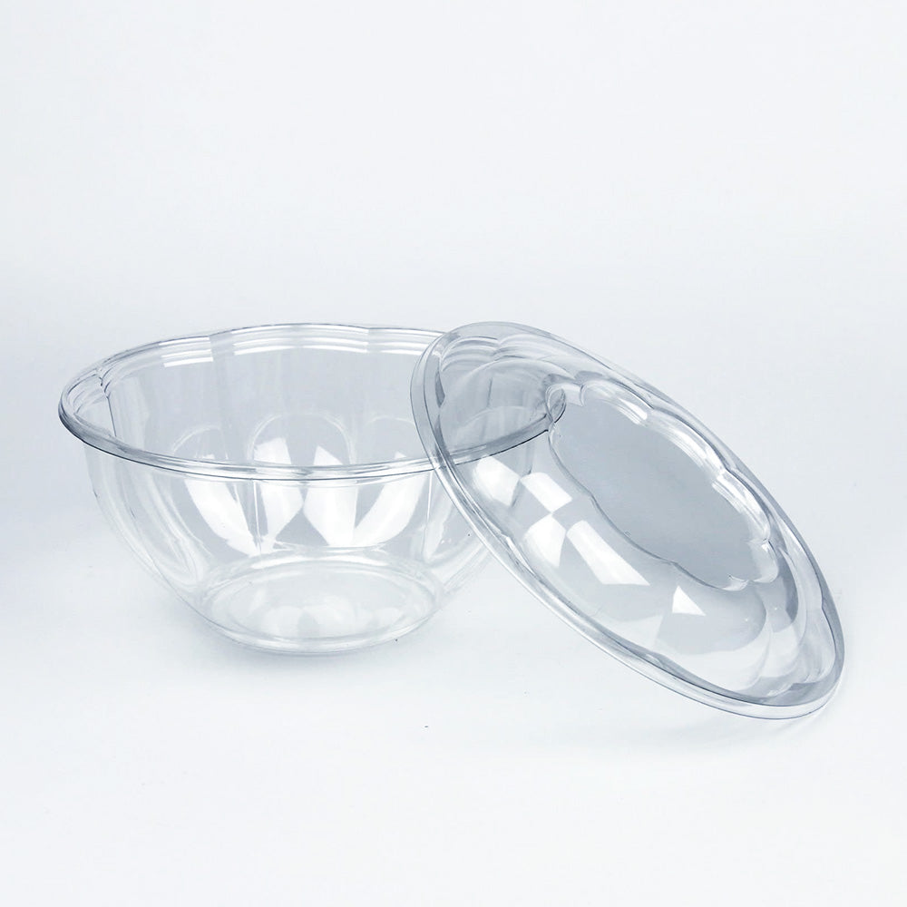 "Elegant floral shaped 32oz disposable plastic bowl for restaurant food packaging."