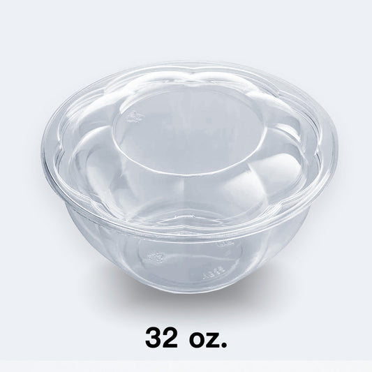 "32 oz clear plastic rose bowl with dome lid for salad and poke bowl takeout, case of 200."
