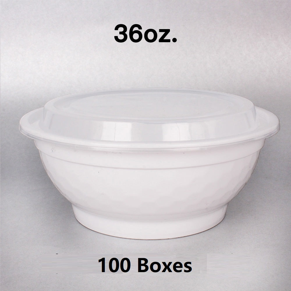 [散装100箱] 36盎司圆形白色塑料容器套装 - 150套/箱