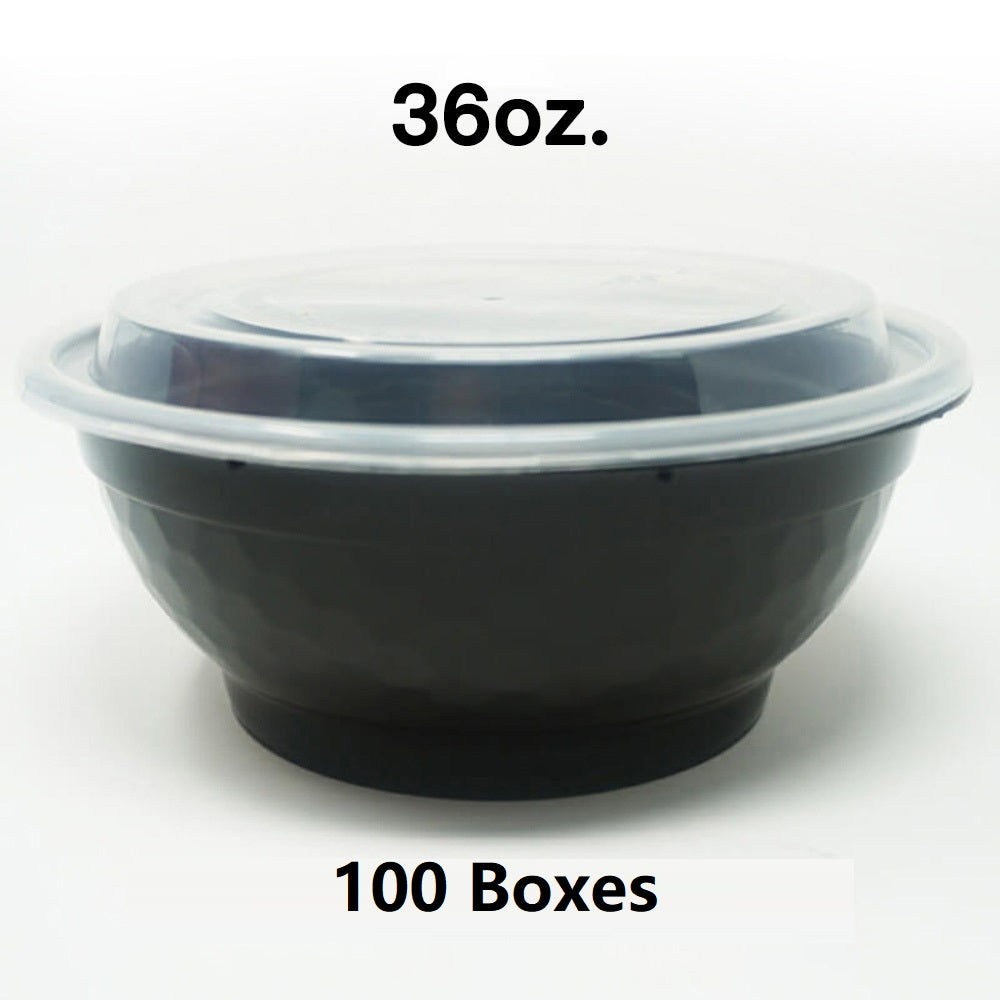 [散装100箱] 36盎司圆形黑色塑料容器套装 - 150套/箱