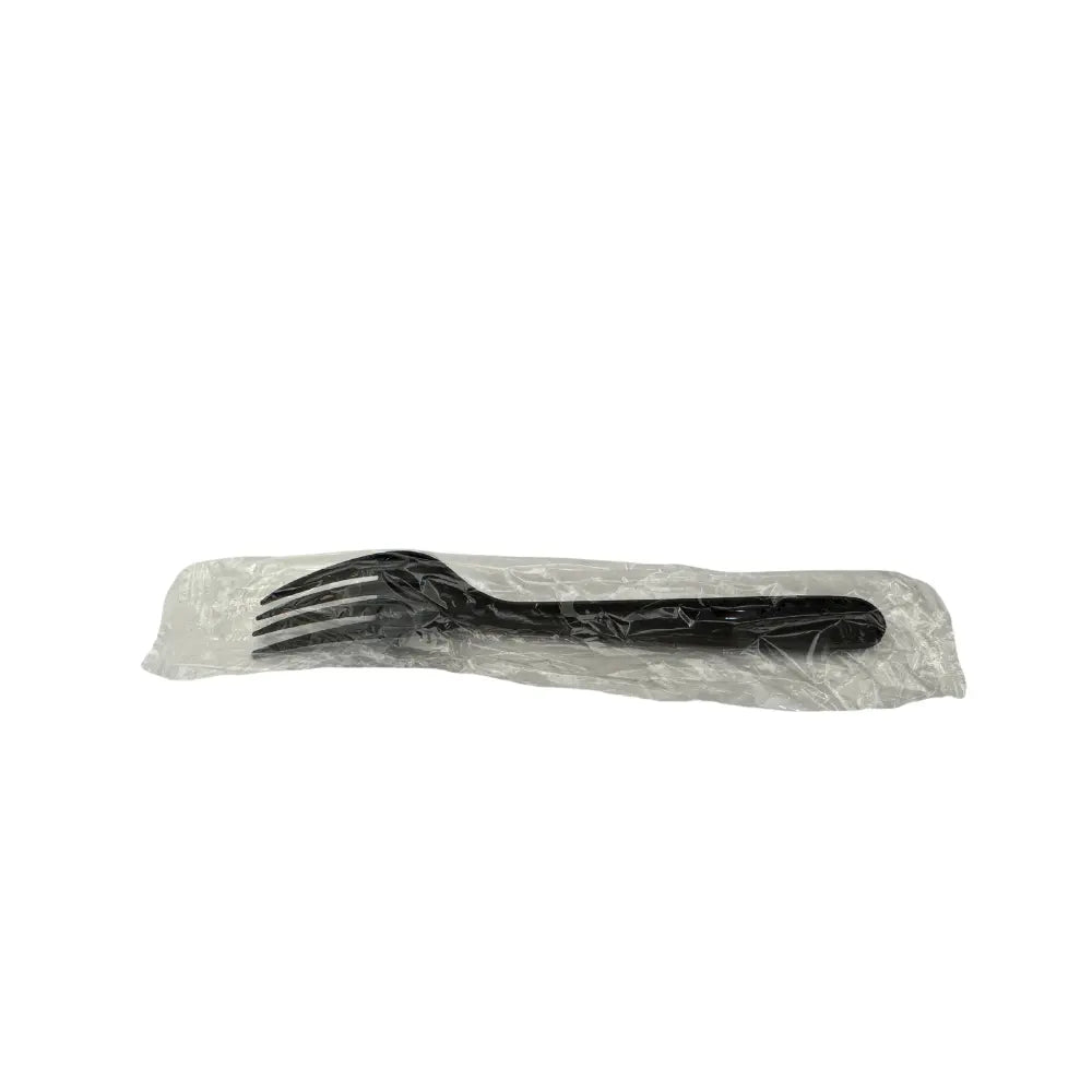 Black plastic fork shown without its wrapper