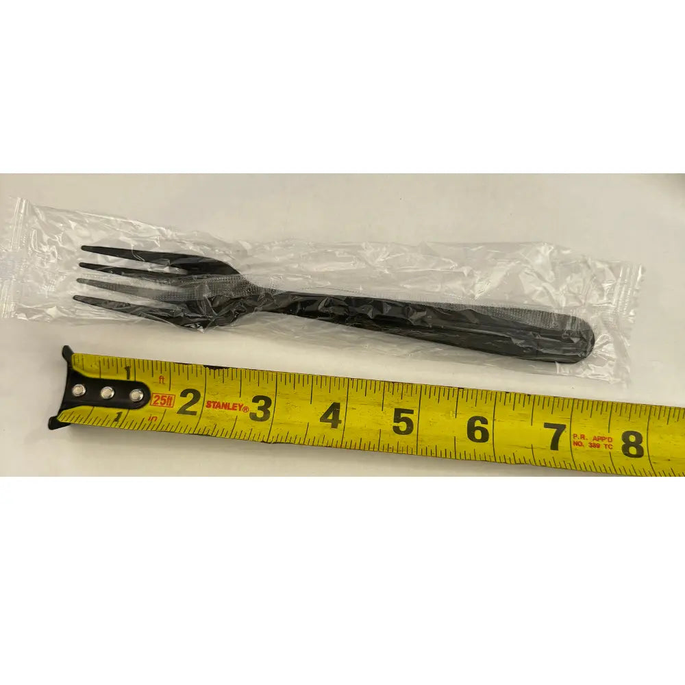 Black plastic fork shown without its wrapper