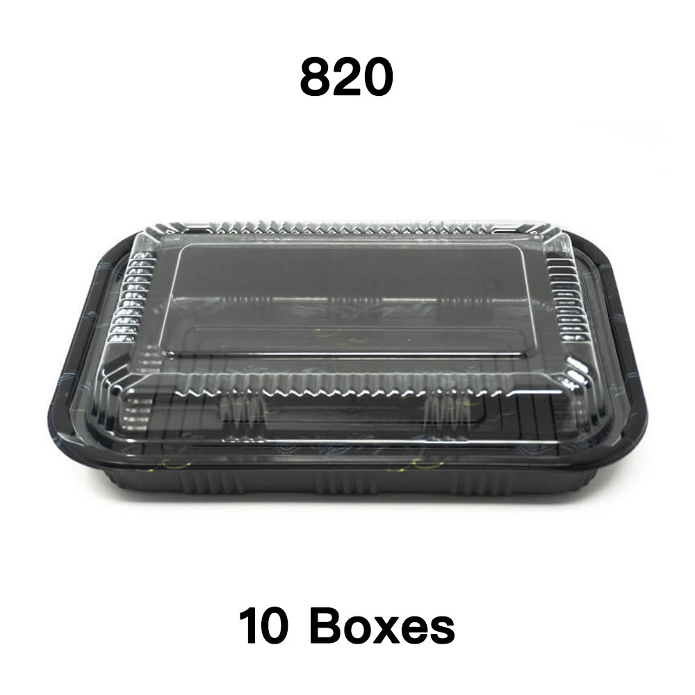 A rectangular black plastic lunch box with a clear lid, labeled with the number 820 and '10 Boxes'.