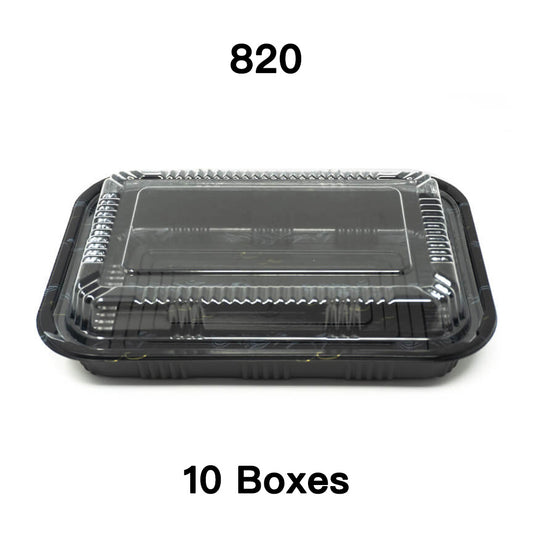 A rectangular black plastic lunch box with a clear lid, labeled with the number 820 and '10 Boxes'.