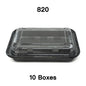 A rectangular black plastic lunch box with a clear lid, labeled with the number 820 and '10 Boxes'.