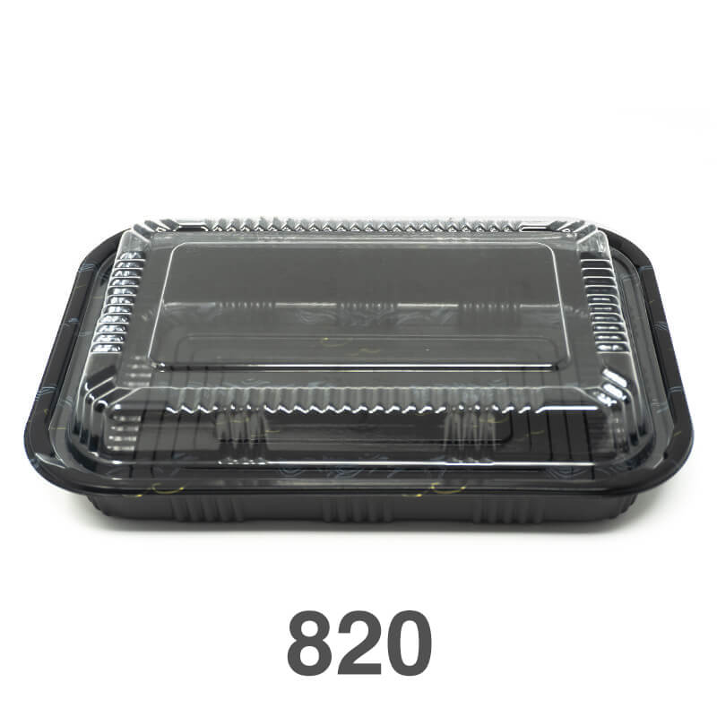 Rectangular black plastic lunch box with a clear lid, labeled with the product number 820.