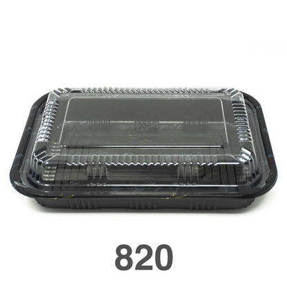 Rectangular black plastic lunch box with a clear lid, labeled with the product number 820.