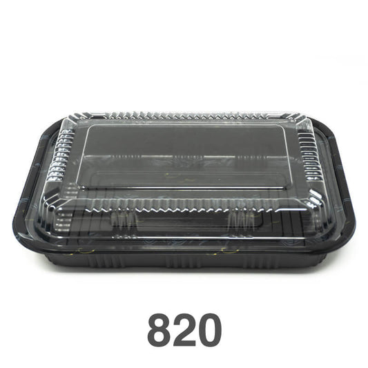 Rectangular black plastic lunch box with a clear lid, labeled with the product number 820.