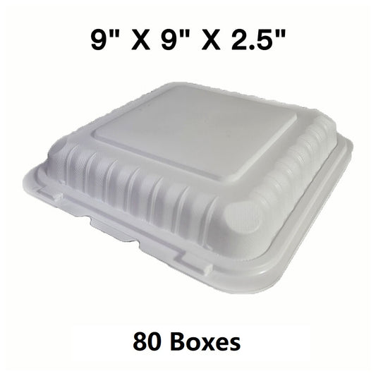 [散装 80 箱] 方形白色塑料三格铰链食品盒 9 英寸 X 9 英寸 X 2.5 英寸 - 150/箱