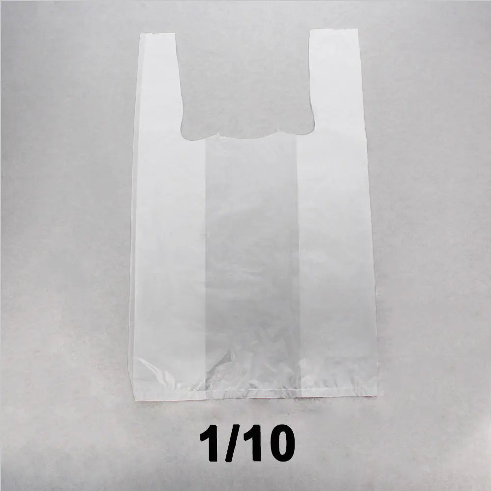 White plastic T-shirt bag in the listed 1/10 size