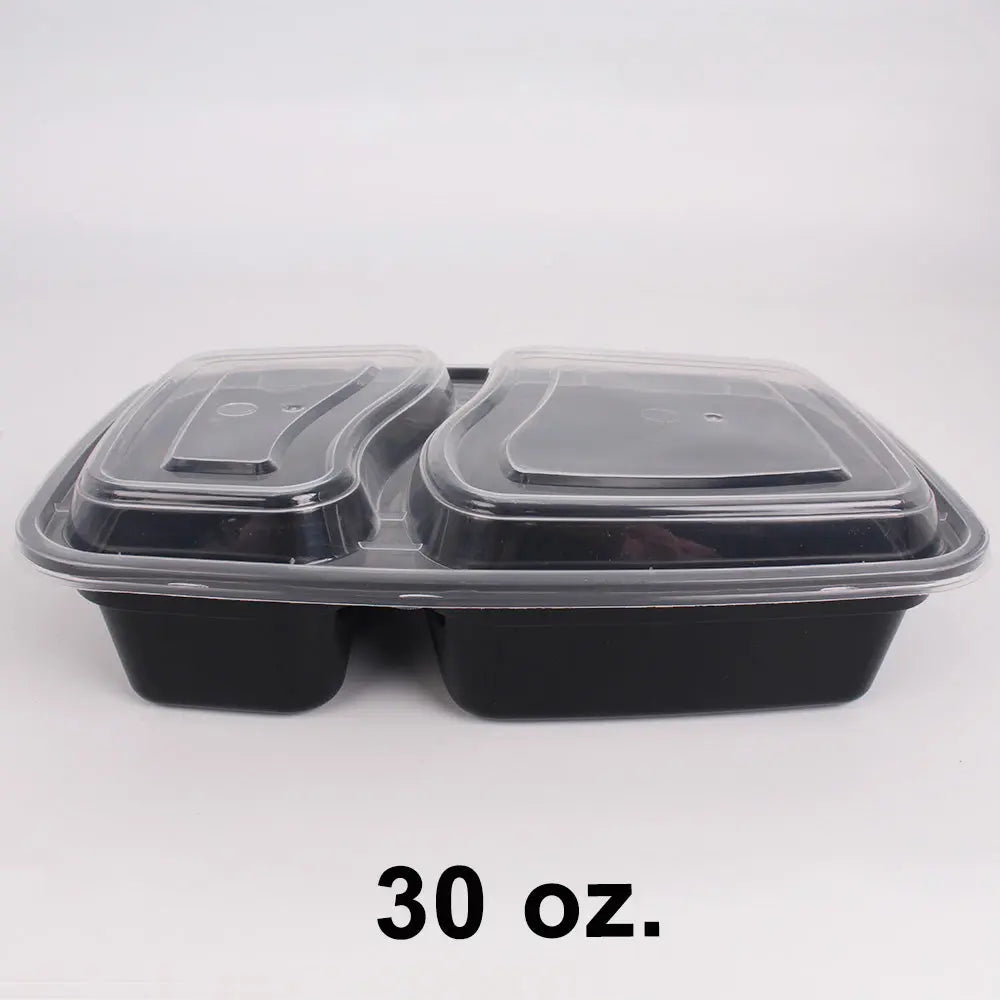 Black rectangular two-compartment container with lid, labeled 30 oz.