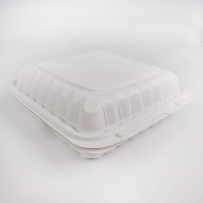 Kari-Out 993W Square White Plastic 3-Compartment Hinged Food Container 9" X 9" - 150/Case