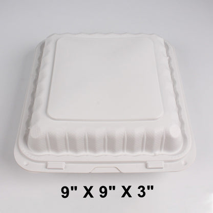 Kari-Out 993W Square White Plastic 3-Compartment Hinged Food Container 9" X 9" - 150/Case