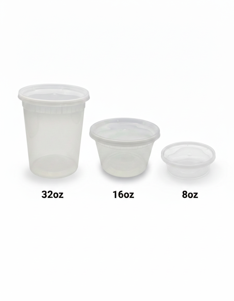 Three plastic cups of different sizes labeled 32oz, 16oz, and 8oz on a white background.