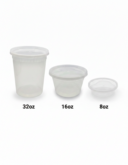 Three plastic cups of different sizes labeled 32oz, 16oz, and 8oz on a white background.