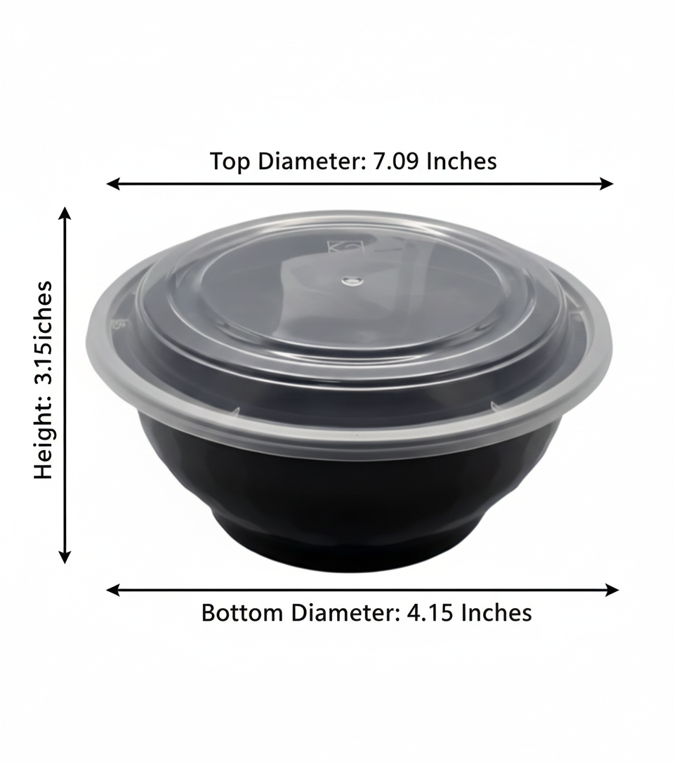 Black food container with clear lid and measurements on a white background