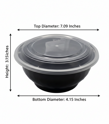 Black food container with clear lid and measurements on a white background