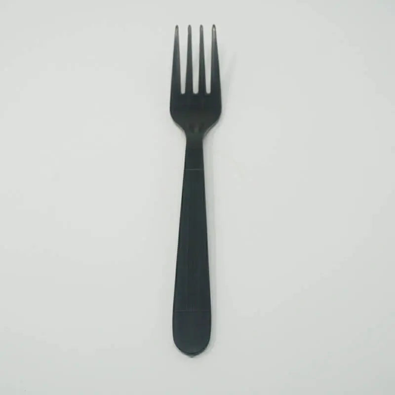 Black plastic fork shown without its wrapper