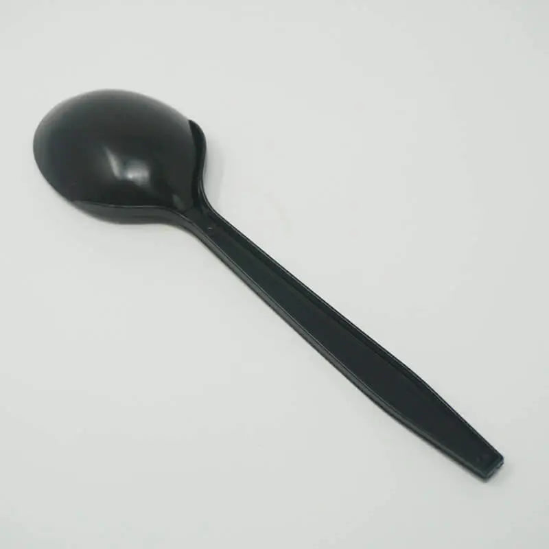 Black plastic spoon shown without its wrapper