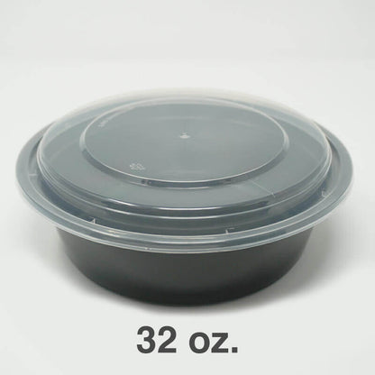 SD 32 oz. Round Black Plastic Food Container Set (729)- 150/Case
