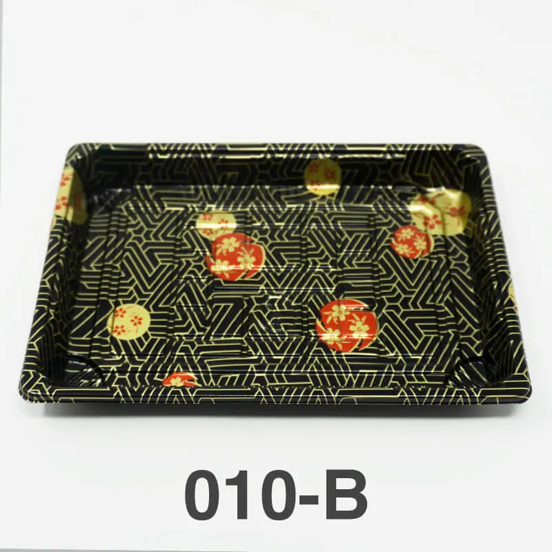 TZ 010-B black rectangular sushi tray base with gold and red floral pattern