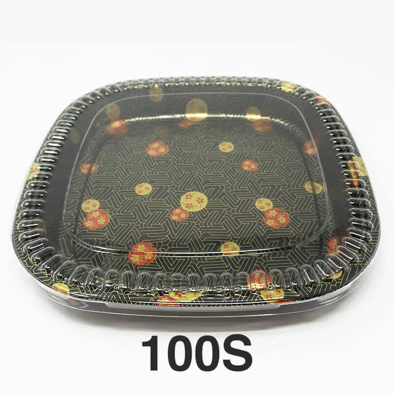 Black flower-pattern square tray shown with a clear lid, labeled 100S