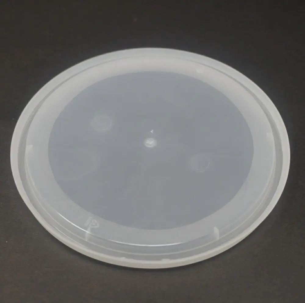 Translucent round soup container with lid, labeled 16 oz.