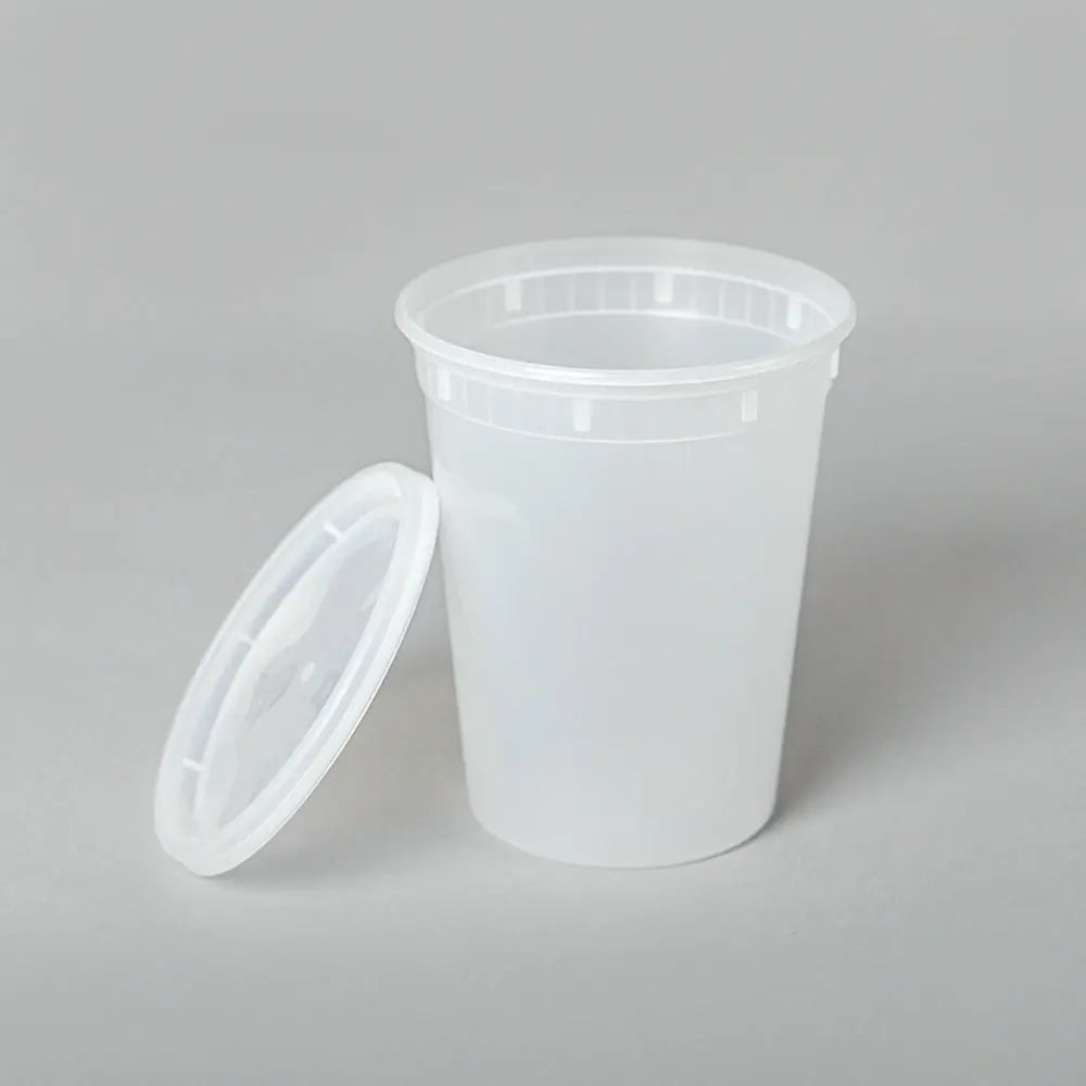 Translucent round soup container with lid, labeled 32 oz.
