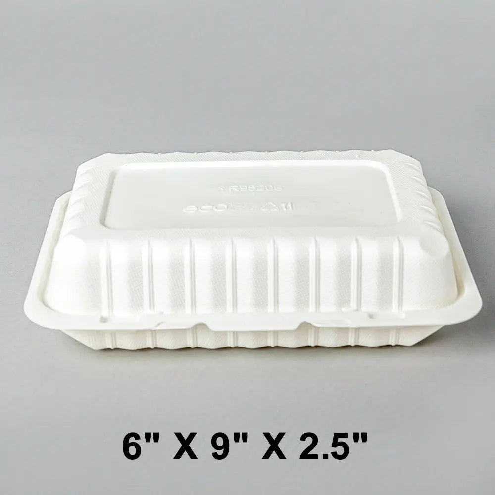 打开的白色长方形单格连体餐盒，图片标注6 × 9 × 2.5英寸