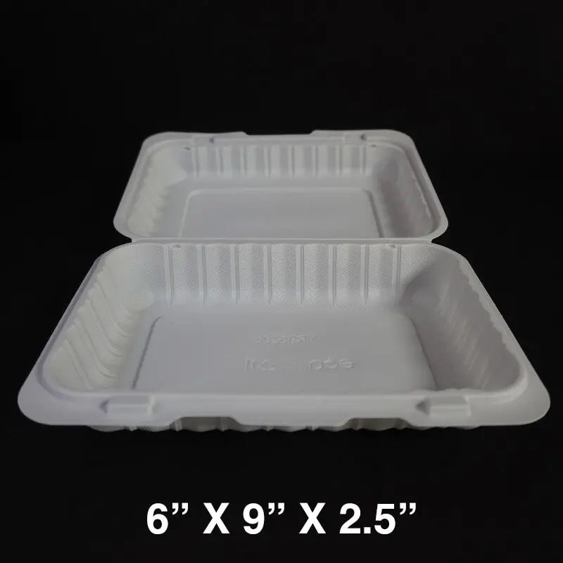 打开的白色长方形单格连体餐盒，图片标注6 × 9 × 2.5英寸