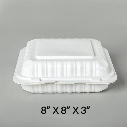 方形白色塑料三格铰链食品盒 8 英寸 X 8 英寸 X 2.5 英寸 - 150/箱
