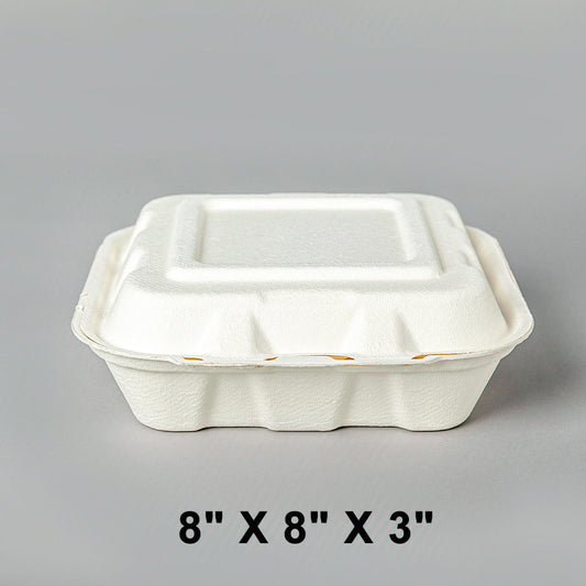 AHD 方形白色三件套可堆肥铰链容器 8 英寸 X 8 英寸 X 3 英寸 - 200/箱