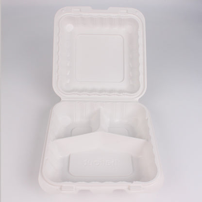 方形白色塑料三格铰链食品盒 8 英寸 X 8 英寸 X 2.5 英寸 - 150/箱