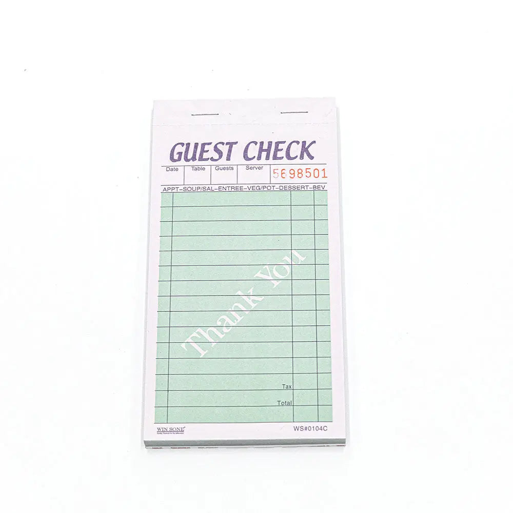 Guest check book with white border and green printed form viewed from above