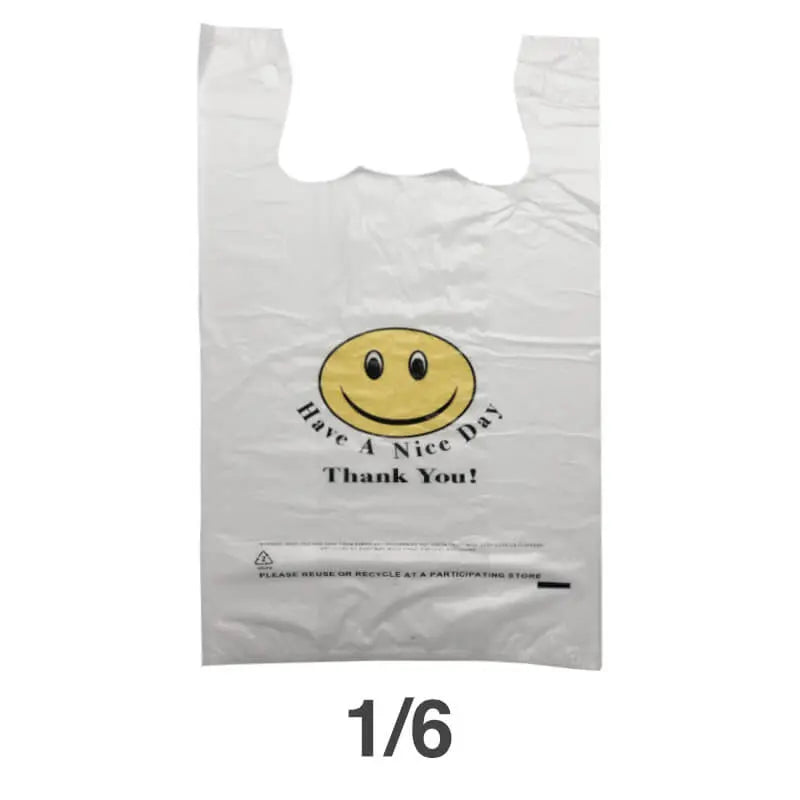 White plastic 1/6 T-shirt bag with smile-face print