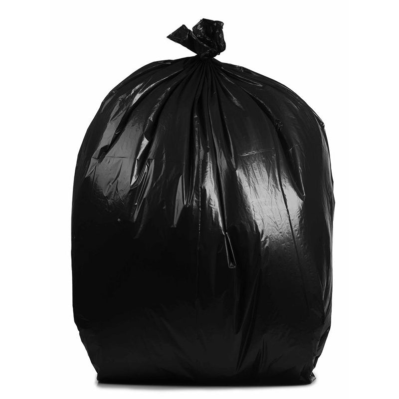 A black plastic garbage bag tied at the top, isolated on a white background.