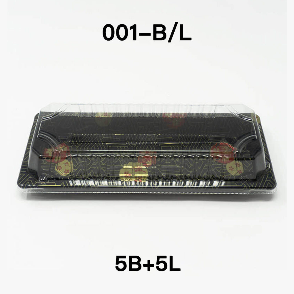 [Bulk 5 Sets] TZ 001 Rectangular Black Plastic Sushi Tray Container Combo 8 3/4" X 3 3/4" X 7/8" - 1400Pair/Sets