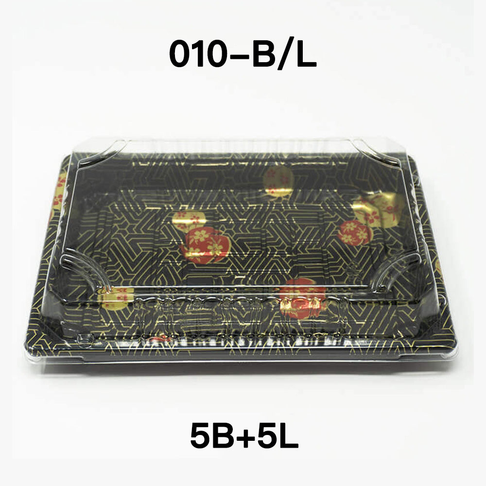 [Bulk 5 Sets] TZ 010 Rectangular Black Plastic Sushi Tray Container Combo 7 3/8" X 5 1/8" X 7/8" - 1200Pair/Sets