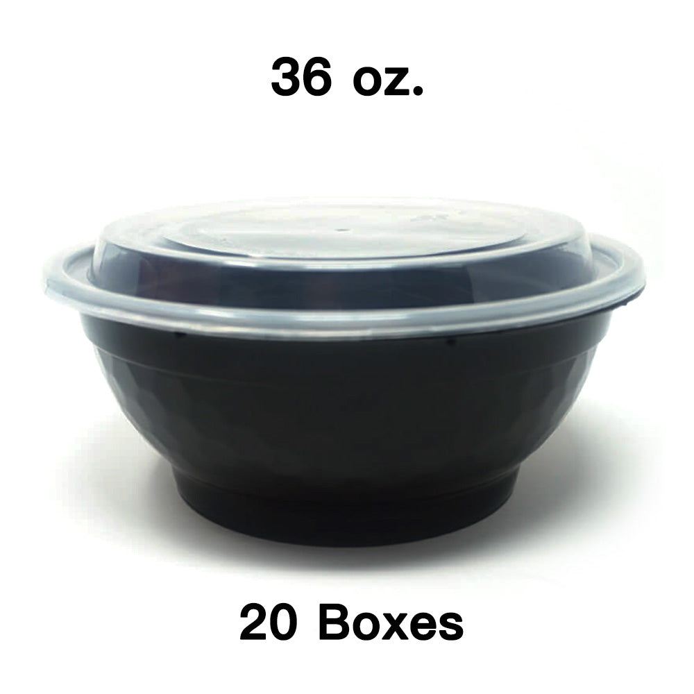 [散装20箱] 36盎司圆形黑色塑料容器套装 - 150套/箱