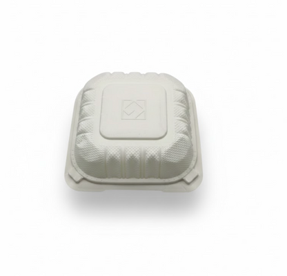 White foam food container with a logo on a white background