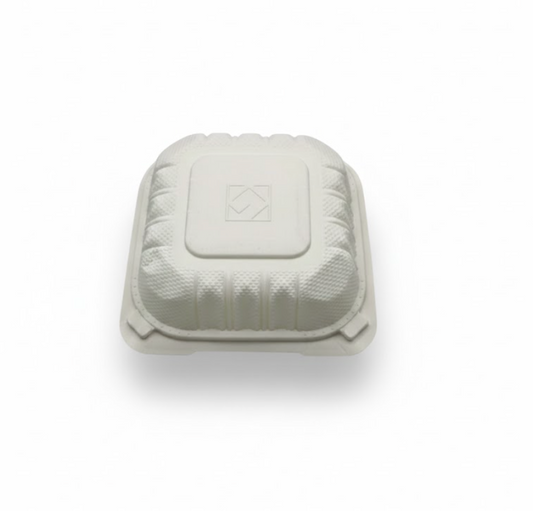 White foam food container with a logo on a white background