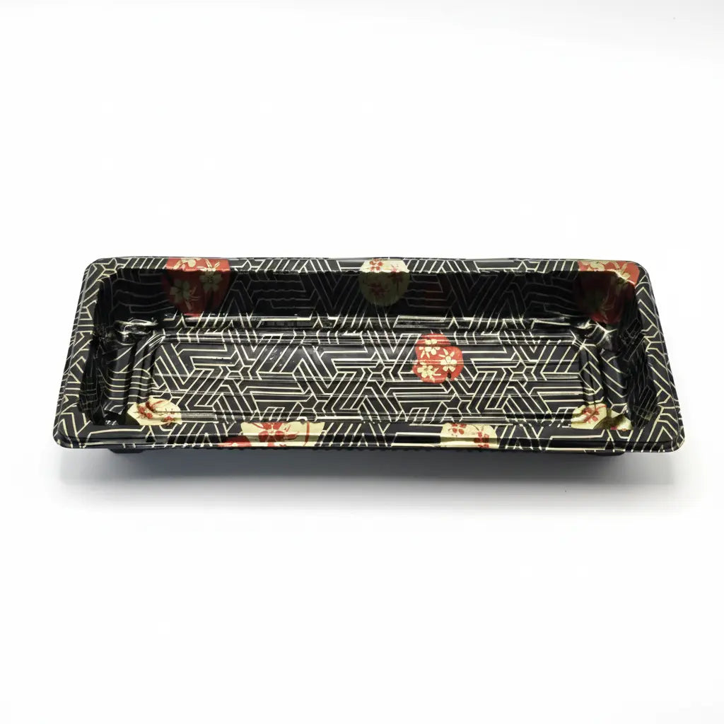 G-02 patterned black rectangular sushi tray base with clear lid