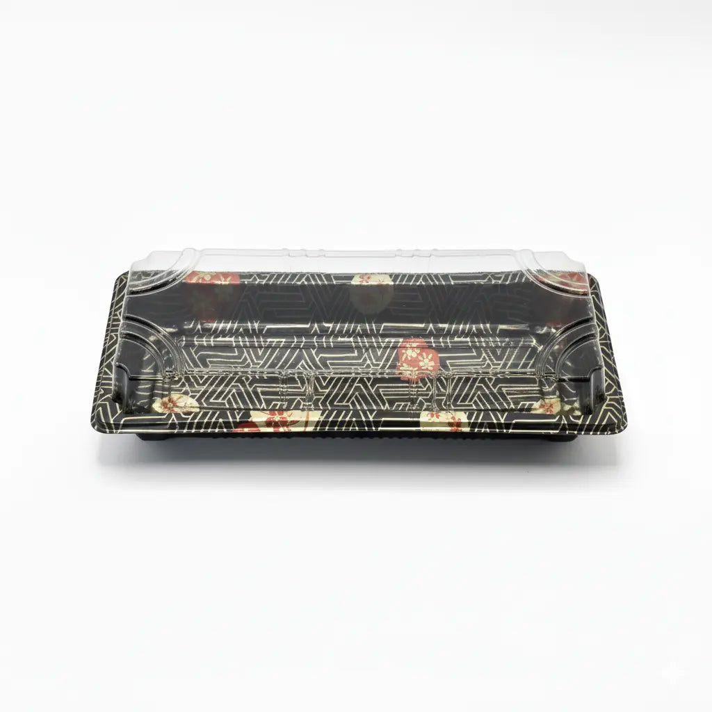 G-02 patterned black rectangular sushi tray base with clear lid