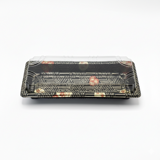 Black rectangular tray with geometric pattern on a white background