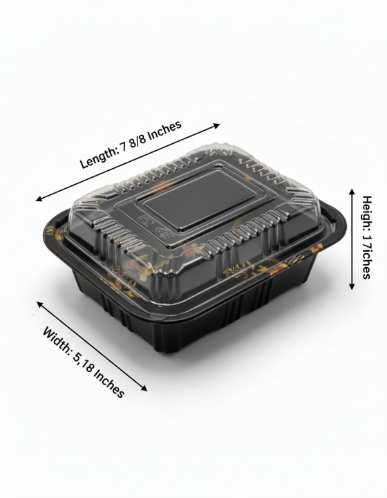 Black food container with measurements on a white background