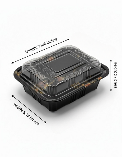 Black food container with measurements on a white background