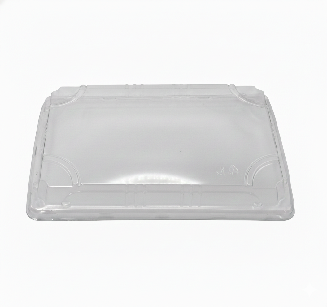Clear plastic container lid on a white background