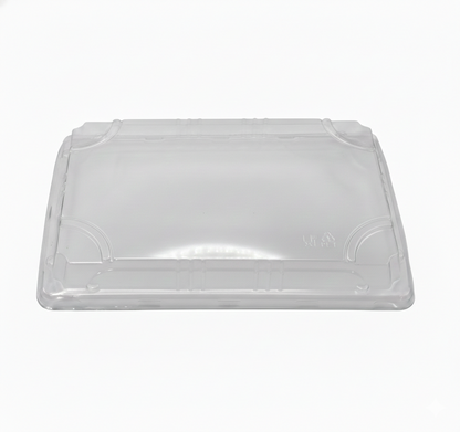 Clear plastic container lid on a white background