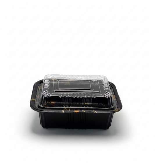 Black food container with clear lid on a white background
