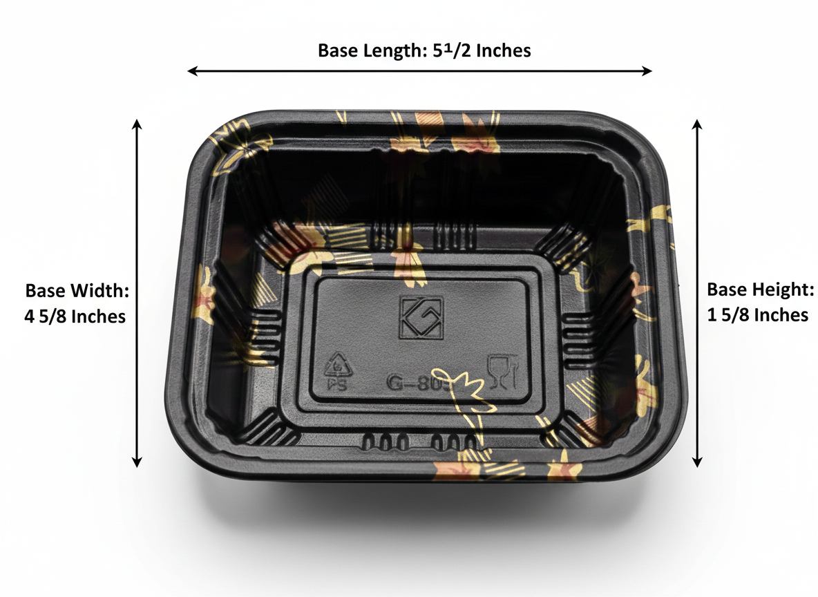 Black food container with decorative patterns and dimensions labeled on a white background